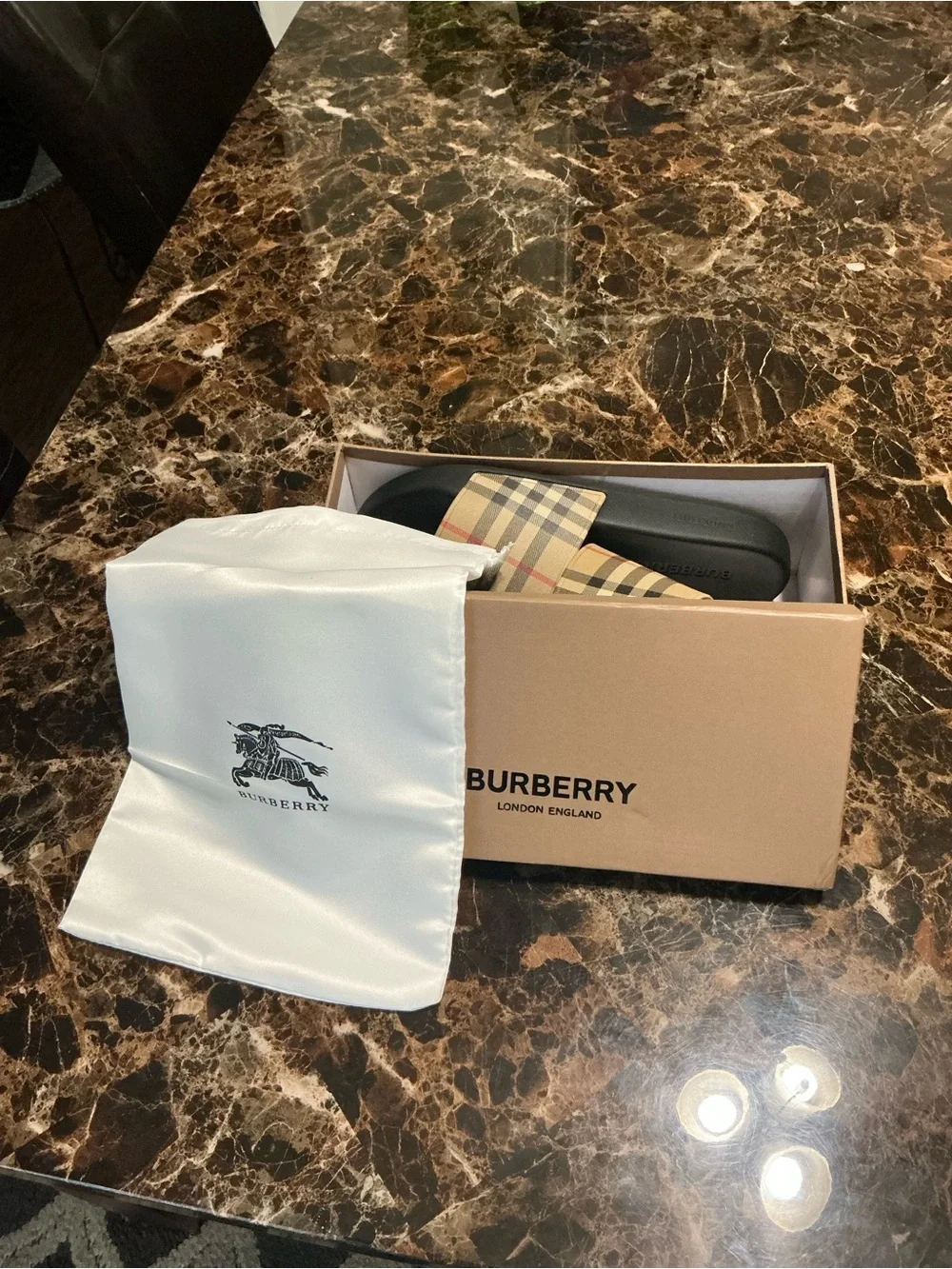 Burberry Tan Check Slide Sandals with Black Footbed